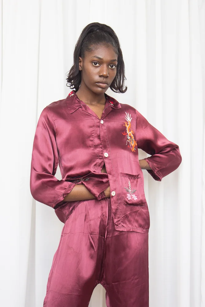 1940s Burgundy Silk Embroidered Souvenir Pajamas Wayward Collection